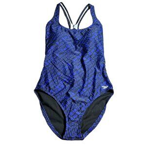 Speedo Women's One Piece Swimsuit - Black and Blue Pattern